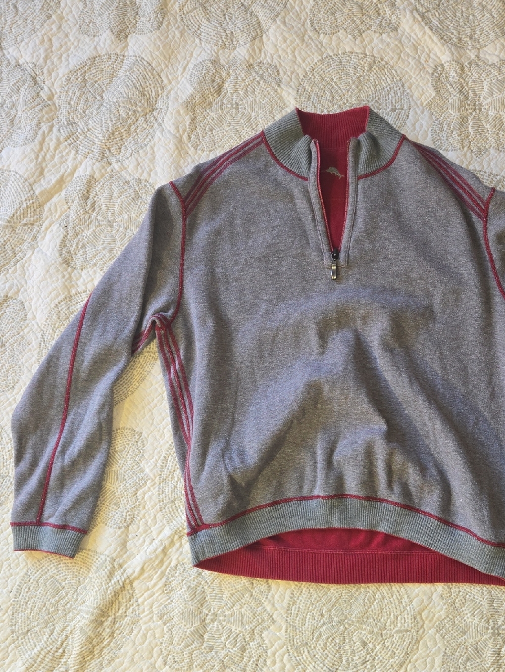 Tommy Bahama Gray Half-Zip Sweater with Red Accents